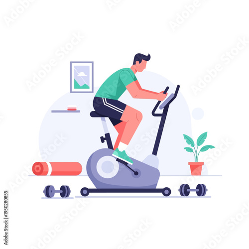 Man exercising on stationary bike at home with dumbbells and yoga mat