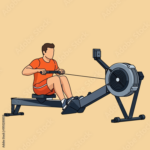Man Exercising on Rowing Machine, Fitness and Healthy Lifestyle Concept