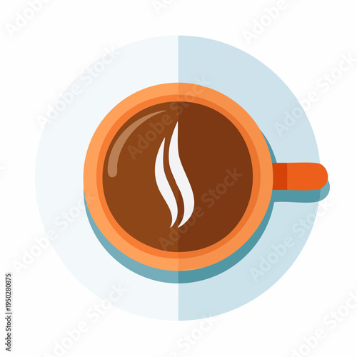 Overhead view of coffee cup with steam icon and saucer isolated