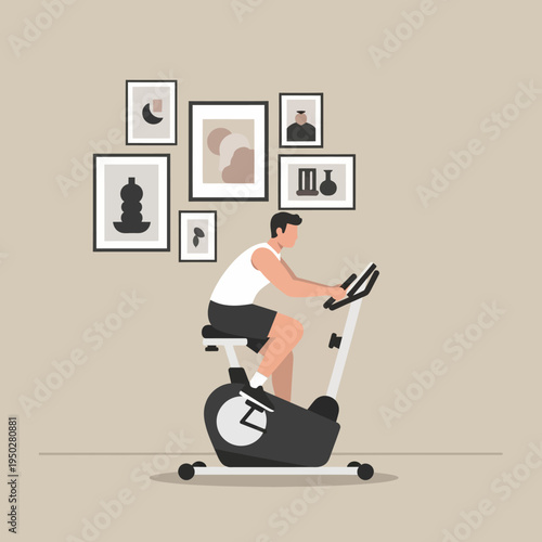 Man exercising on stationary bike at home with framed art on wall