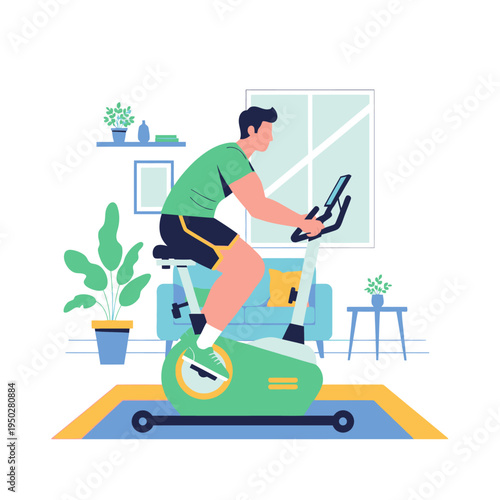Man exercising on stationary bike at home, healthy lifestyle, fitness, workout, indoor activity