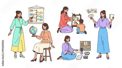 Teacher and Pupil Illustration: Capturing a range of classroom scenes, each with a focus on education, interaction, and learning. Explore the world of the school with the aid of this animated photo.
