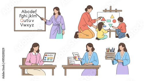 Educator's World: A collection of educational illustrations depicting a dedicated educator engaging in various teaching activities. Inspiring a world of learning and growth.