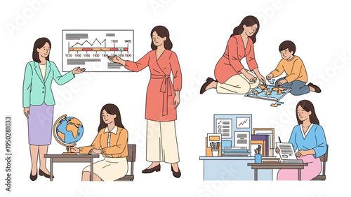 Teacher's Tasks: Teacher is teaching many things at the same time, in the class with teaching tool and studying with students.