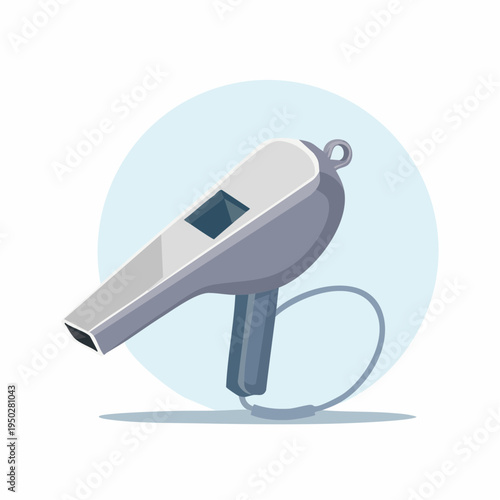 Illustration of a silver whistle with a blue background circle, vector