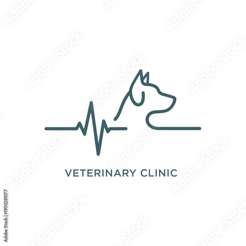 Veterinary clinic logo with heartbeat line and dog profile silhouette outline icon vector