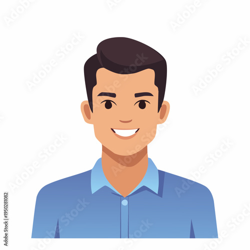 Smiling man in blue shirt, portrait. Cartoon illustration of a cheerful, happy male character.