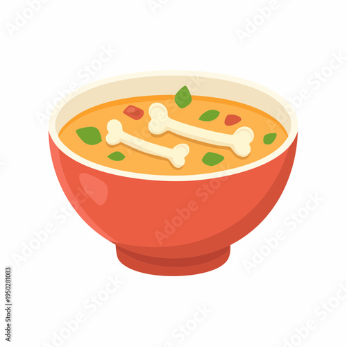Cartoon bowl of dog-friendly bone broth with bone-shaped treats and herbs