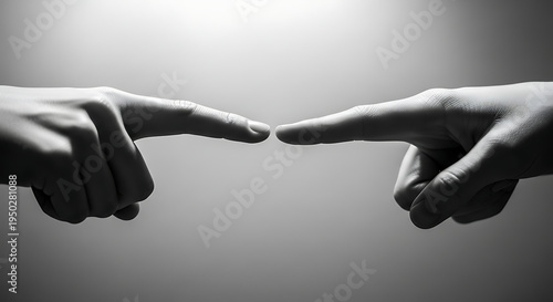 Two fingers almost touching on a grey background, representing connection or division