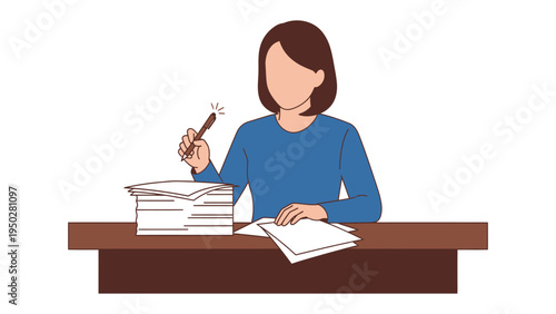Woman with documents and pen: A person sitting at a desk amidst a stack of documents, holding a pen, focused on the task at hand. This image evokes productivity and dedication. 