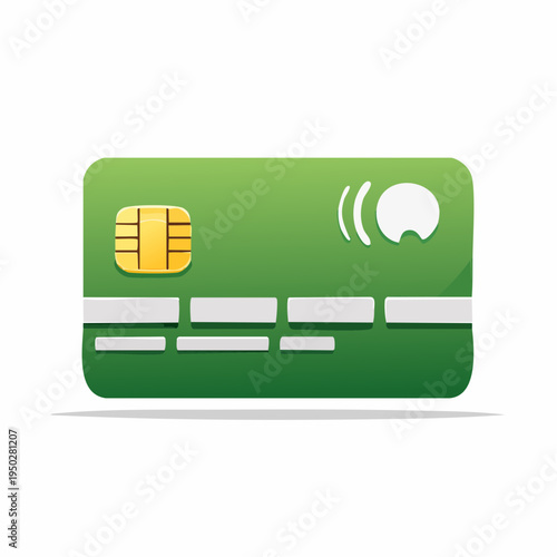 Green credit card illustration with chip and contactless payment symbols for finance concepts.