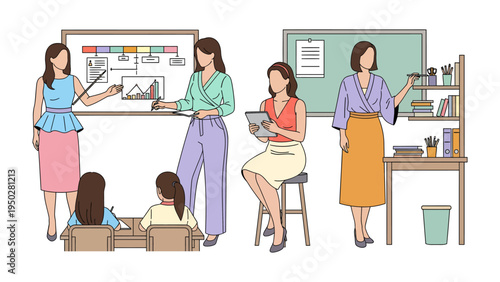 Classroom Dynamics: A depiction of educators, each in their individual teaching moments, with tools like whiteboards, and digital devices used to mentor their students.