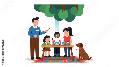 The Young Scientists: A group of children explore the wonders of science with their teacher in a playful and educational environment.