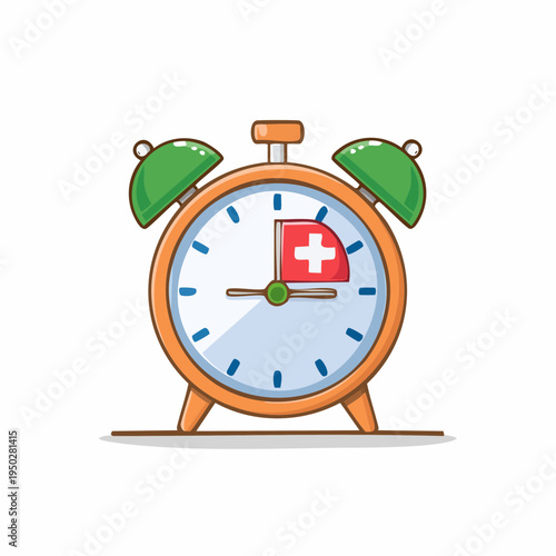 Cartoon alarm clock showing Swiss flag at midday, wake up time concept.