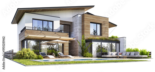 Modern house exterior with swimming pool and luxury patio