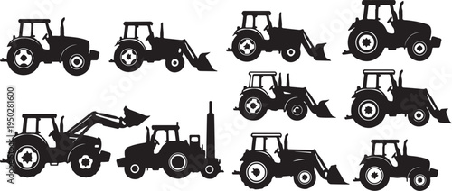 A black and white vector illustration of a tractor tilling the field, showcasing agricultural machinery and the process of soil cultivation