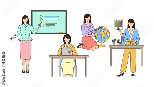 Teacher's Daily: A set of scenes depicting the multifaceted roles of a teacher, illustrating the daily life of an educator in the classroom.