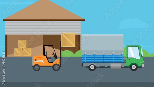 Warehouse Logistics and Freight Loading with Forklift and Truck Flat Vector Illustration. Ideal for logistics, delivery service, transportation industry and warehouse management design projects.