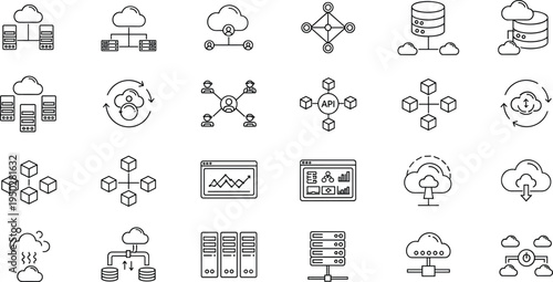 Cloud Computing and Data Network Icon Set Featuring Server Storage Database API Integration and Information Technology Infrastructure Graphics