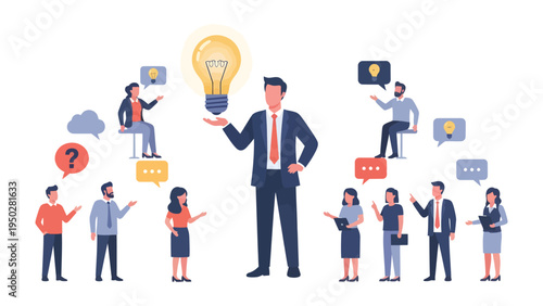 Creative Ideas and Teamwork: A group of individuals brainstorm and collaborate around a central figure holding a glowing lightbulb, symbolizing innovation and collective problem-solving.