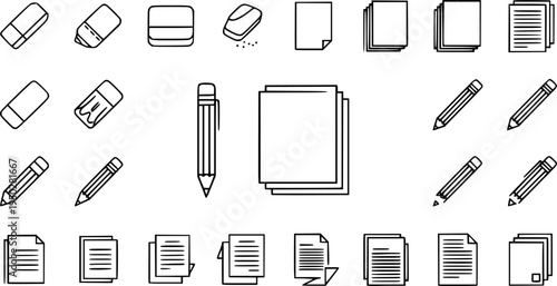 Outline icons of eraser pencil and document with variations
