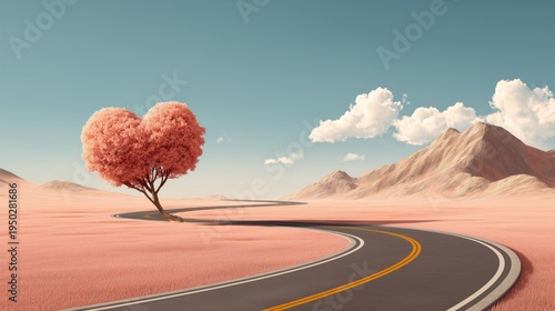 Heart Shaped Tree in Desert Landscape with Winding Road