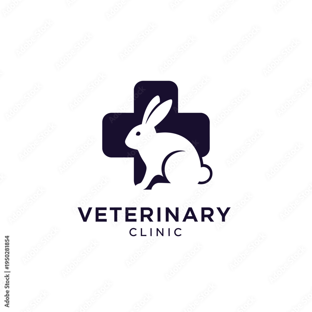 Fototapeta premium Veterinary clinic logo with rabbit and medical cross for pet health