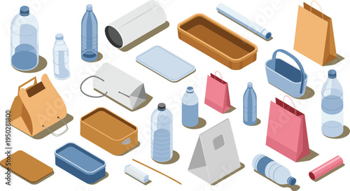 Isometric plastic packaging collection, bottles, containers, shopping bags, food trays, disposable packaging materials recycling and retail packaging illustration