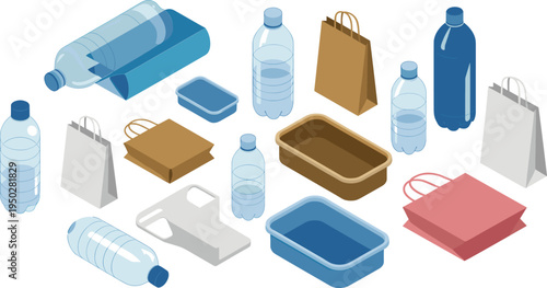 Isometric plastic packaging set, bottles, takeaway containers, shopping bags, disposable food trays, retail packaging materials collection illustration