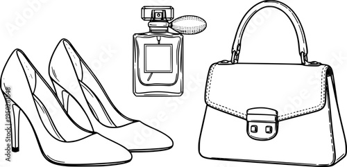 Elegant fashion accessories sketch with heels, handbag, and perfume
