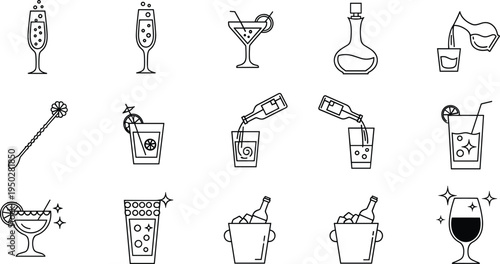 Cocktail and Alcoholic Drink Icon Set Featuring Champagne Flutes Martini Glasses Wine Service Ice Buckets and Barware Pouring Graphics