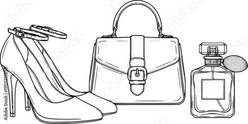 Elegant fashion accessories sketch with heels, handbag, and perfume
