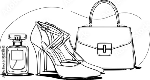 Elegant fashion accessories sketch with heels, handbag, and perfume
