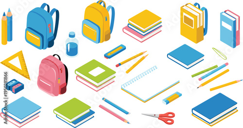 Isometric school supplies collection, backpacks, books, pencils, notebook, scissors, ruler, stationery education tools student learning illustration set