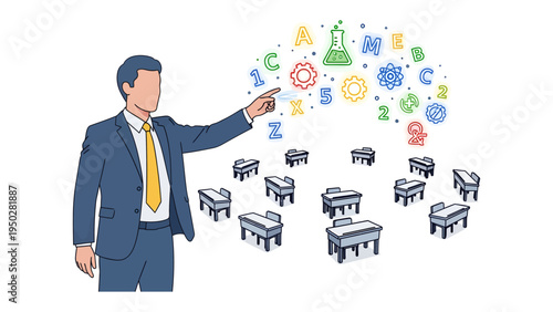 Educational Visionary: An educator points towards a vibrant display of floating symbols representing knowledge, inspiration, and enlightenment above a classroom.