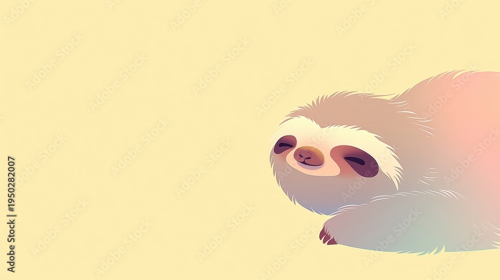 Fototapeta premium Sloth lying down and sleeping with relaxed expression on soft pastel yellow background