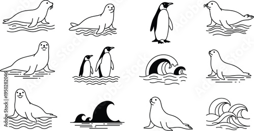 Set of hand drawn monochrome arctic animal icons including seals, penguins, and ocean waves for maritime design projects