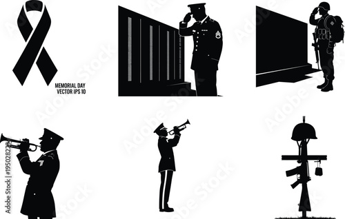 Memorial day tribute with soldiers flags and symbolic ribbons