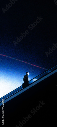 Dark Blue Escalator Silhouette Red Laser Cinematic Minimal Aesthetic Wallpaper