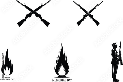 Memorial day tribute with crossed rifles and flame symbols