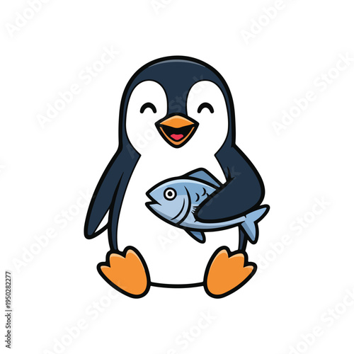 Cute cartoon penguin holding a fish in its flipper on white background