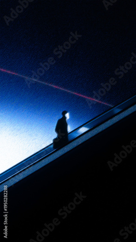 Dark Blue Escalator Silhouette Red Laser Cinematic Minimal Aesthetic Wallpaper