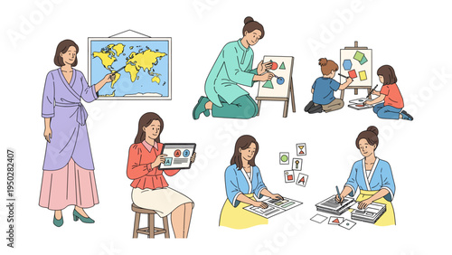 Creative Teaching Moments: A collection of educational illustrations featuring a female instructor engaged in diverse activities with students and teaching aids, emphasizing knowledge transfer.
