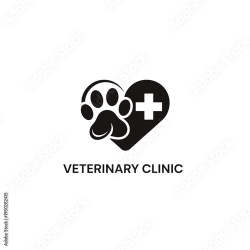 Heart with pet paw and medical cross logo. veterinary clinic symbol. animal care emblem