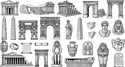 Ancient ruins and artifacts illustrations: temples, arches, obelisks, statues, and artifacts
