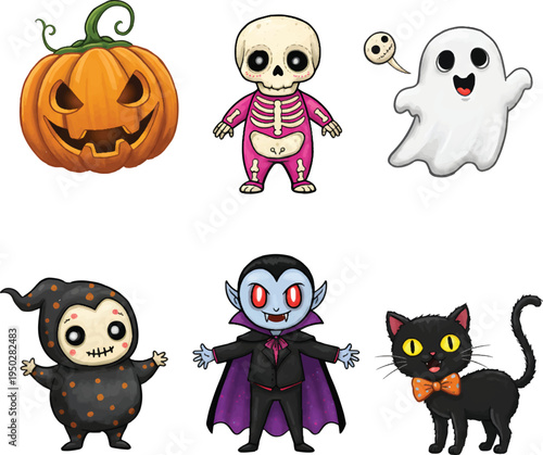 Vector Illustration Cute Halloween Cartoon Characters Set