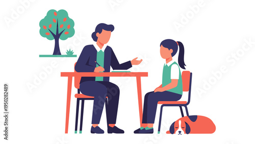 Counseling Session: A scene of counseling where a professional provides support to a young client with a dog present, symbolizing companionship.
