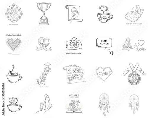 A collection of black and white line art illustrations celebrating motherhood and maternal love