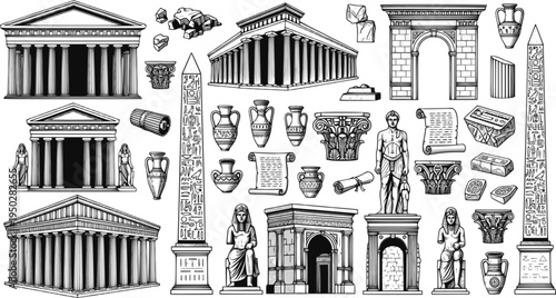 Ancient ruins and artifacts illustrations: temples, arches, obelisks, statues, and artifacts
