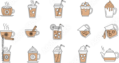 Healthy Smoothie and Fresh Fruit Juice Icon Set Featuring Organic Shakes Detox Beverages and Natural Vitamin Drink Illustrations for Wellness Menus